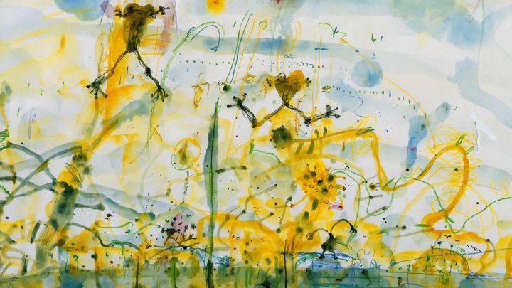 A painting with yellow and green brushstrokes